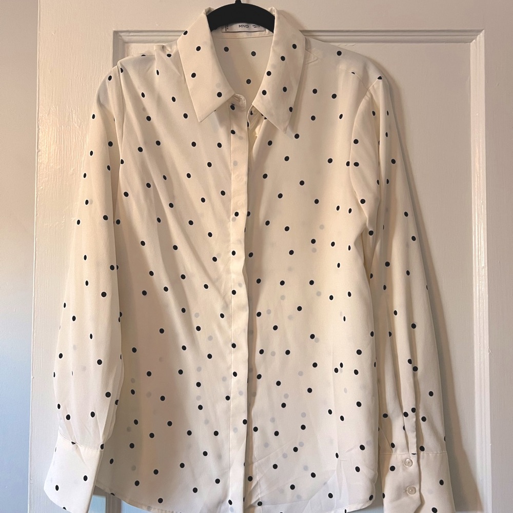 Mango polka dot creme and black button down blouse, size 4.